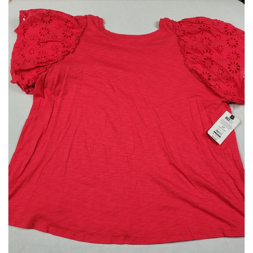 Terra & Sky Women's Plus Red Top with Eyelet Flutter Short Sleeves Size 2X